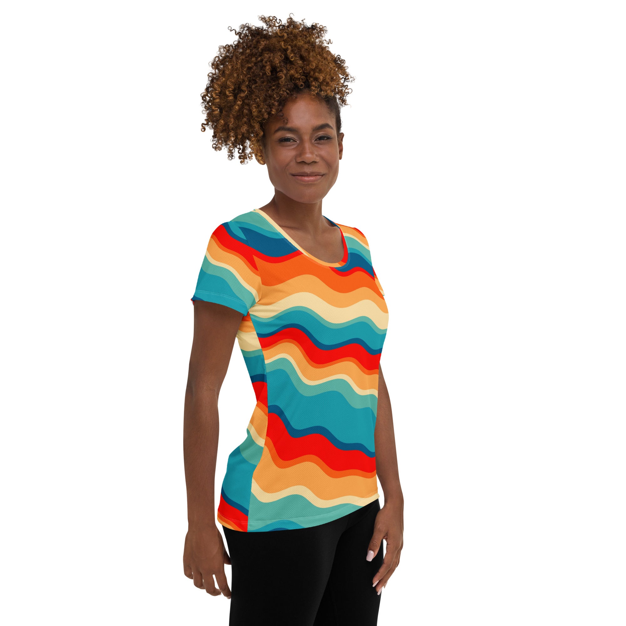 Women’s Bright Sunset Wave Athletic T-Shirt - Lightweight Moisture Wicking Workout Top With UPF 50+