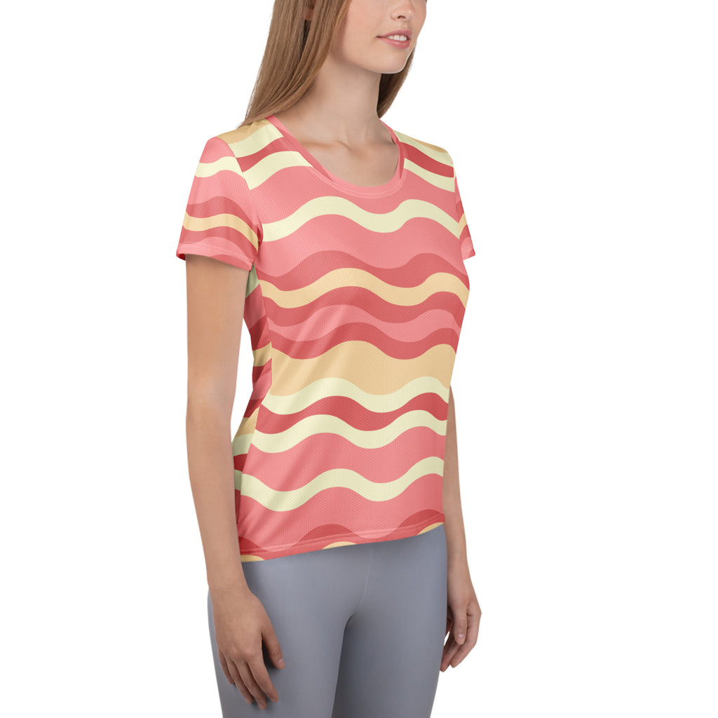Women’s Coastal Sand Pink Wavy Stripe Athletic T-Shirt - Lightweight Moisture Wicking Workout Top With UPF 50+