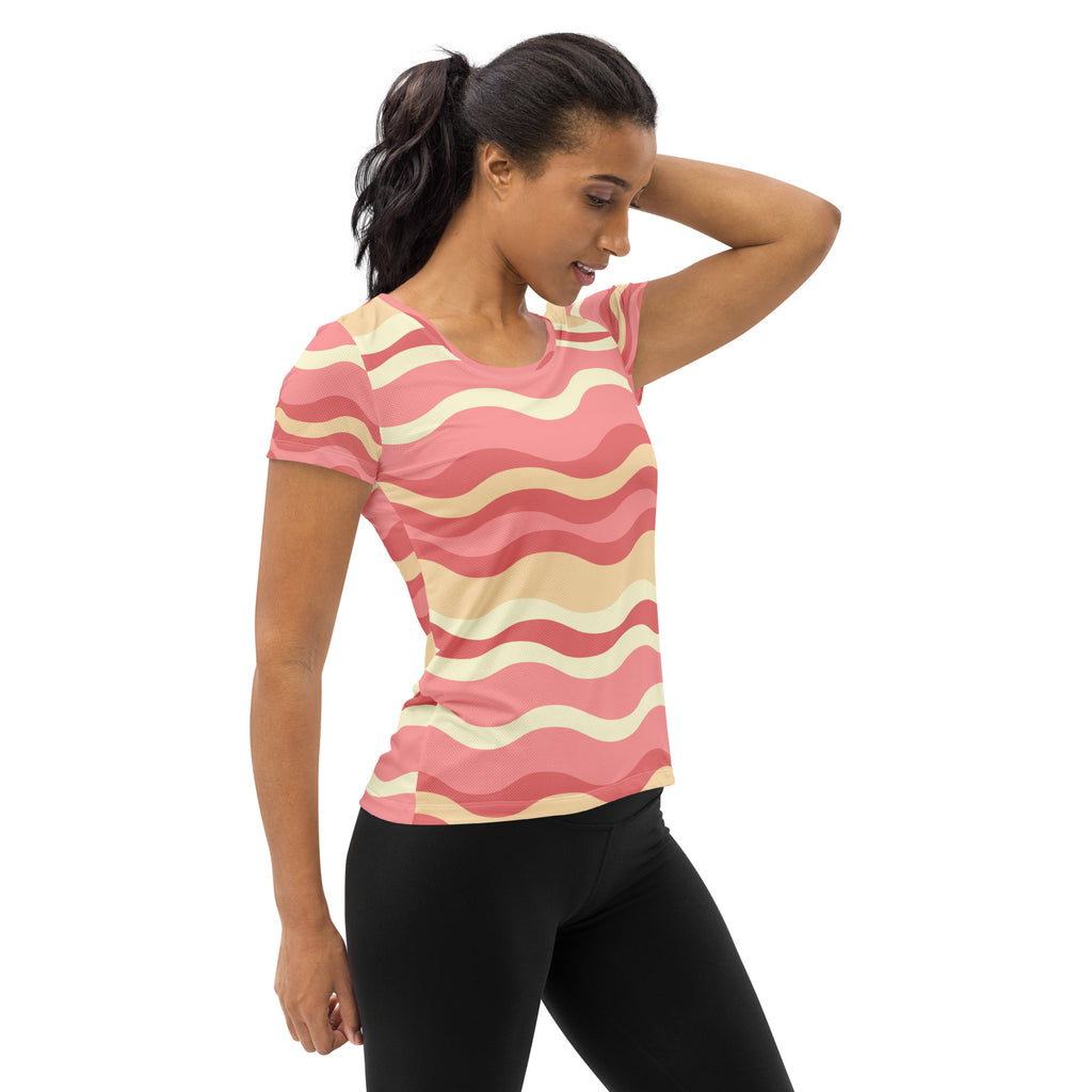 Women’s Coastal Sand Pink Wavy Stripe Athletic T-Shirt - Lightweight Moisture Wicking Workout Top With UPF 50+
