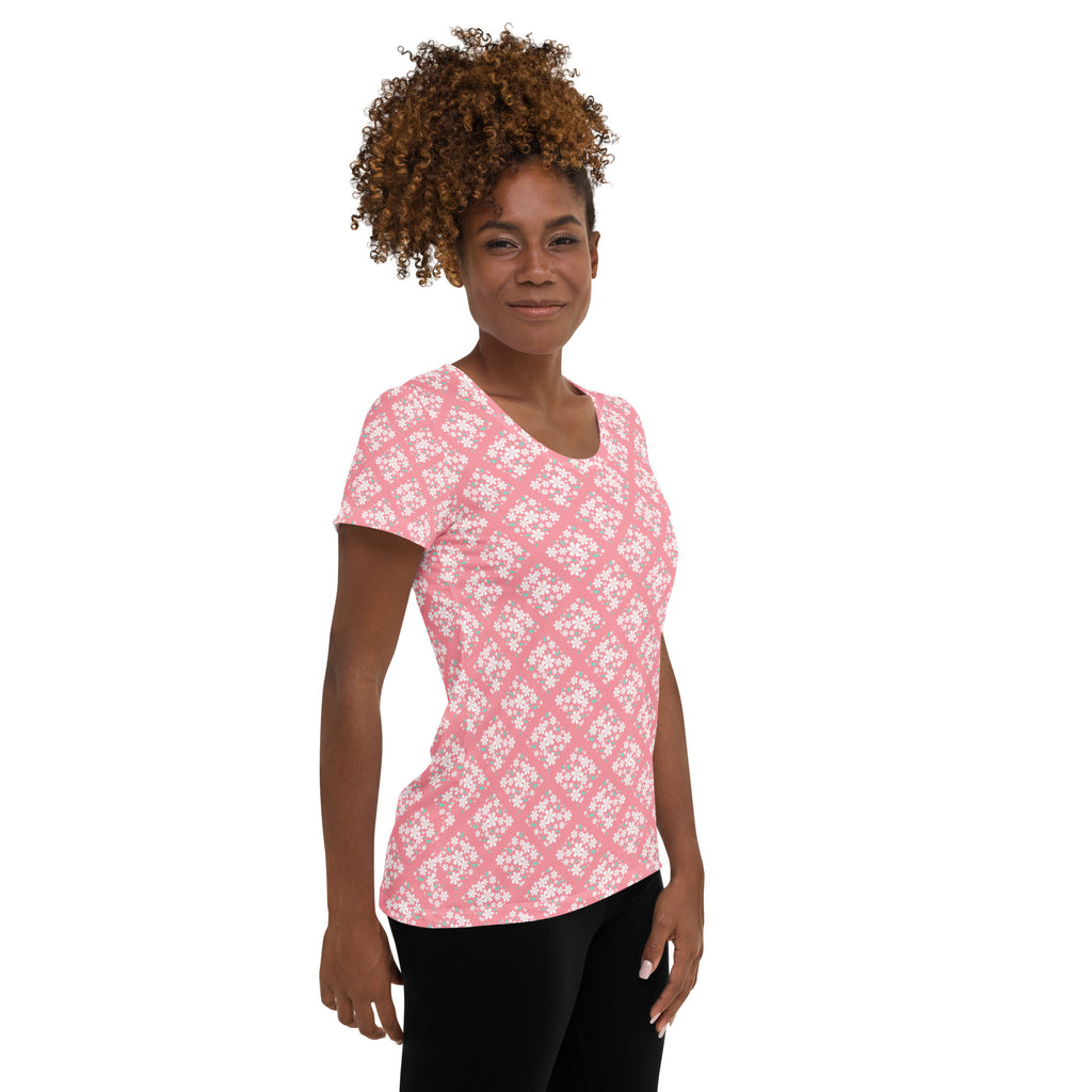 Women’s Pink Floral Diamond Athletic T-Shirt - Lightweight Moisture Wicking Workout Top With UPF 50+