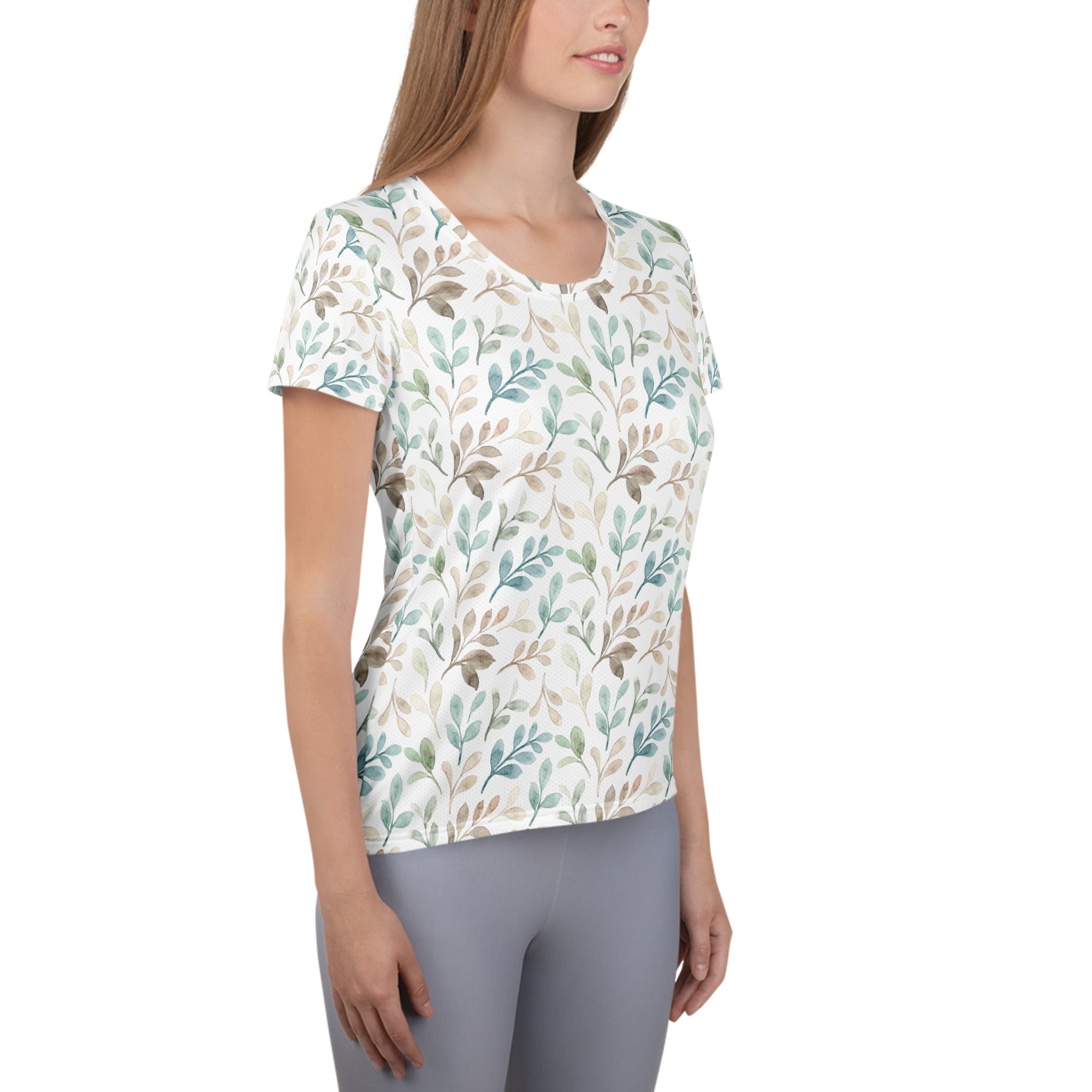 Women’s Watercolor Leaf Athletic T-Shirt - Lightweight Moisture Wicking Workout Top With UPF 50+