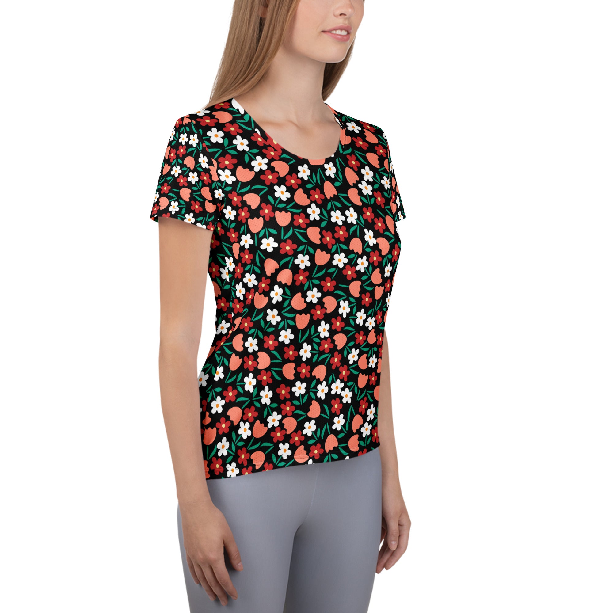 Women’s Strawberry Floral Athletic T-Shirt - Lightweight Moisture Wicking Workout Top With UPF 50+