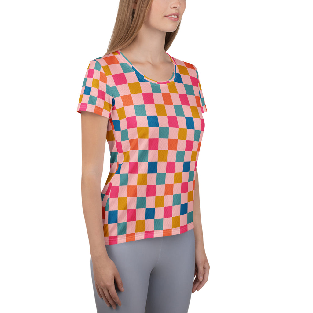 Women’s Pink Retro Checkered Athletic T-Shirt - Lightweight Moisture Wicking Workout Top With UPF 50+