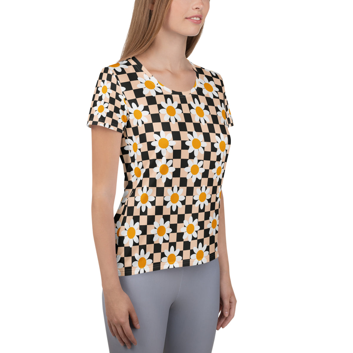 Women’s Daisy Checkerboard Athletic T-Shirt - Lightweight Moisture Wicking Workout Top With UPF 50+