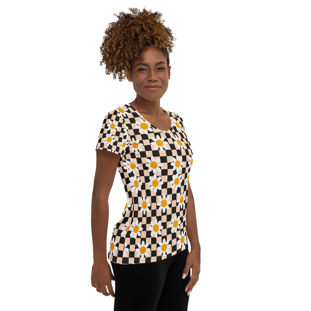 Women’s Daisy Checkerboard Athletic T-Shirt - Lightweight Moisture Wicking Workout Top With UPF 50+