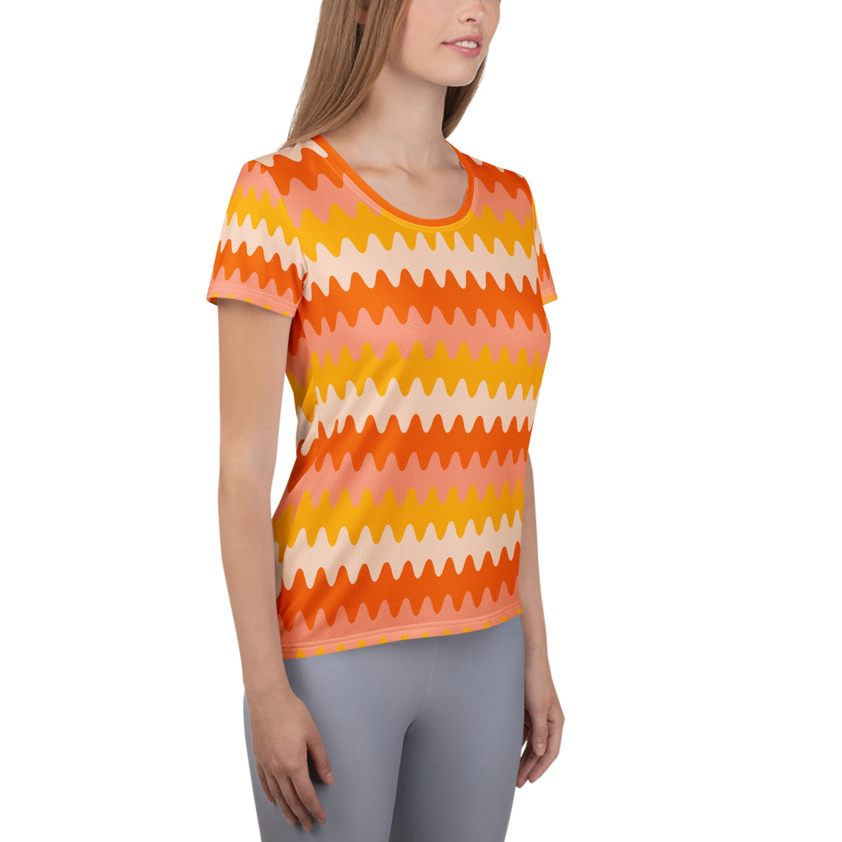 Women’s Orange Wavy Stripe Athletic T-Shirt - Lightweight Moisture Wicking Workout Top With UPF 50+