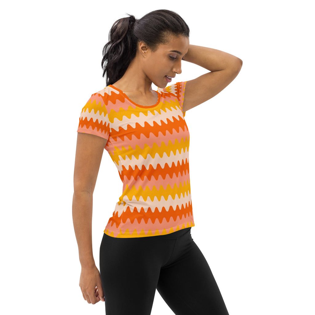 Women’s Orange Wavy Stripe Athletic T-Shirt - Lightweight Moisture Wicking Workout Top With UPF 50+