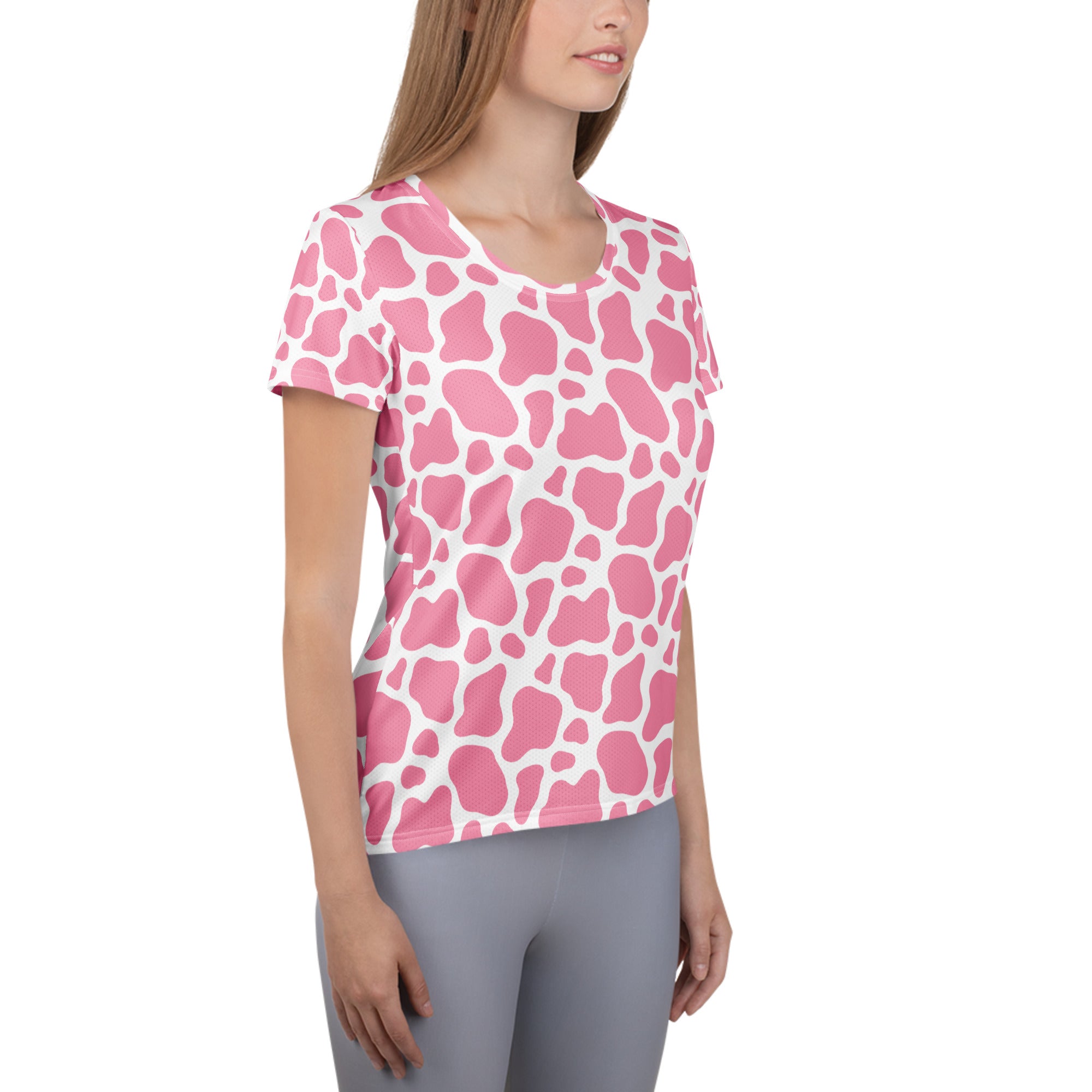 Women’s Pink Cow Print Athletic T-Shirt - Lightweight Moisture Wicking Workout Top With UPF 50+