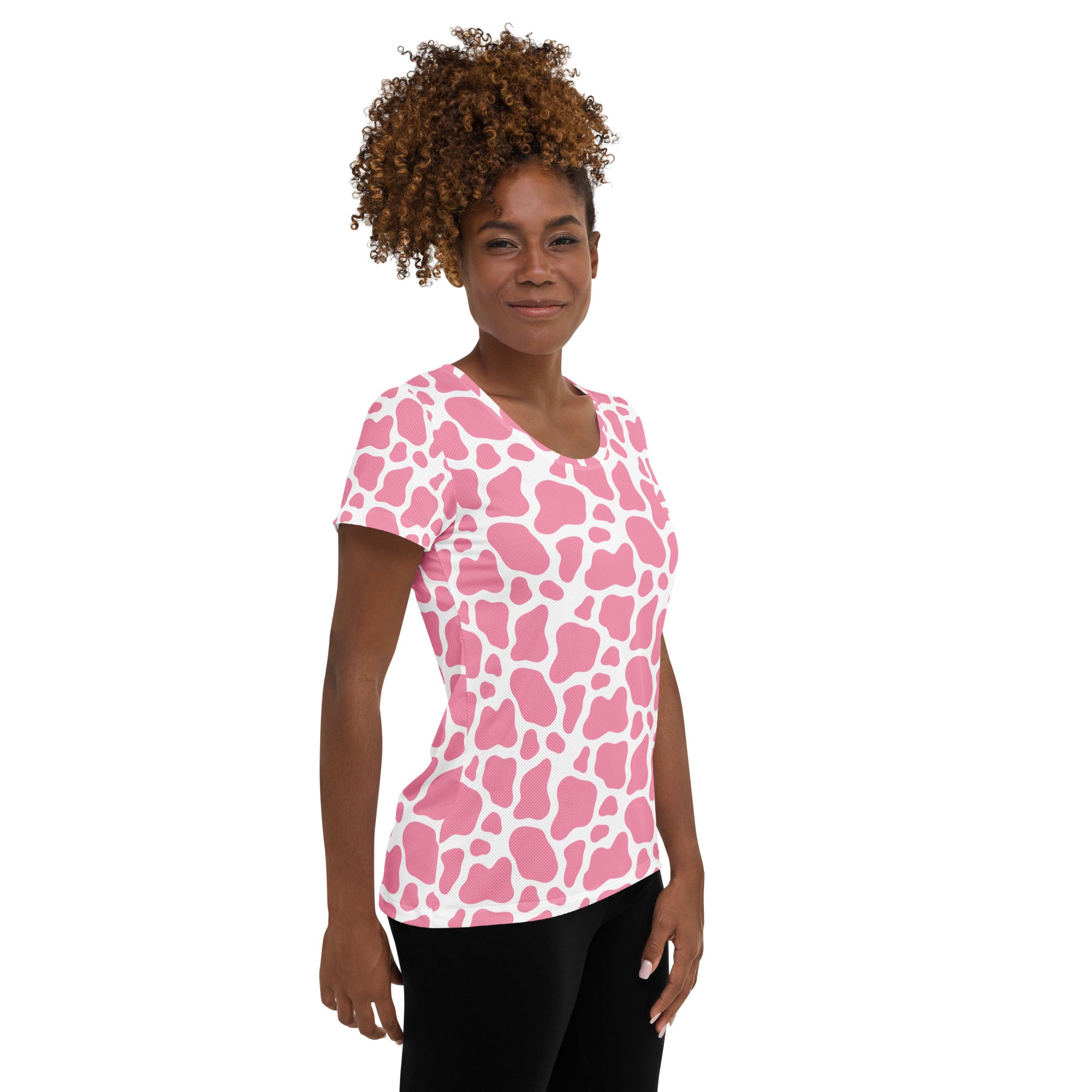 Women’s Pink Cow Print Athletic T-Shirt - Lightweight Moisture Wicking Workout Top With UPF 50+