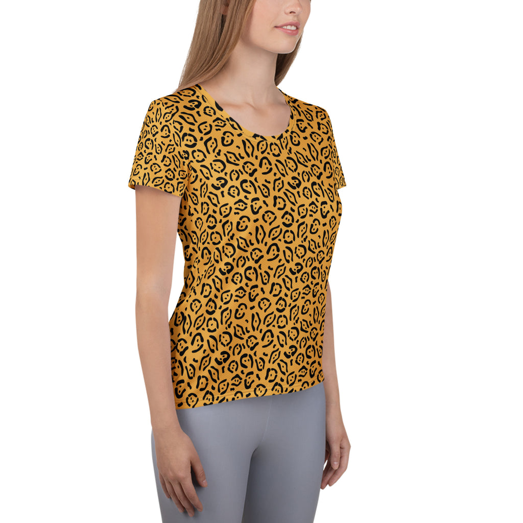 Women’s Golden Leopard Print Athletic T-Shirt - Lightweight Moisture Wicking Workout Top With UPF 50+