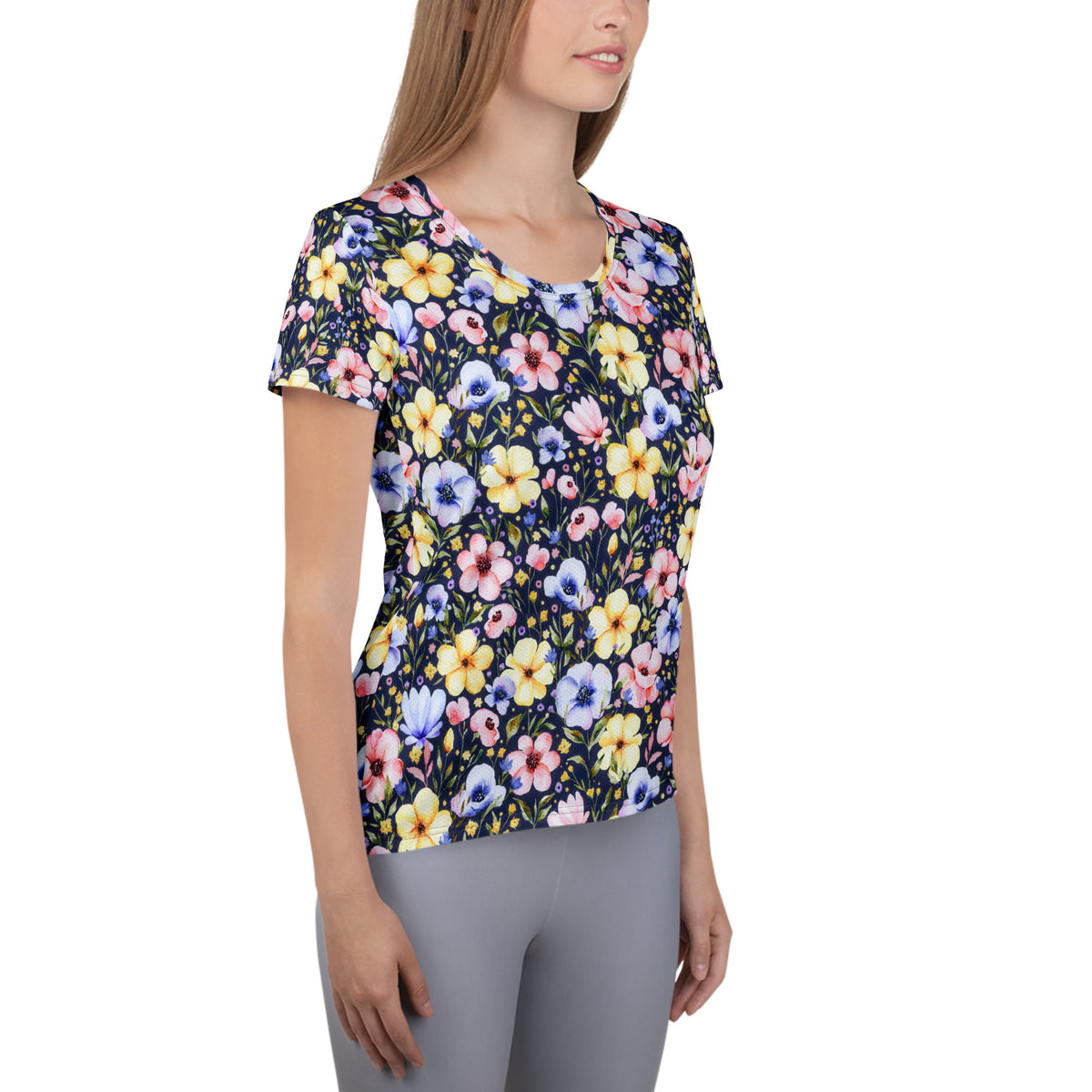 Women’s Navy Wildflower Athletic T-Shirt - Lightweight Moisture Wicking Workout Top With UPF 50+