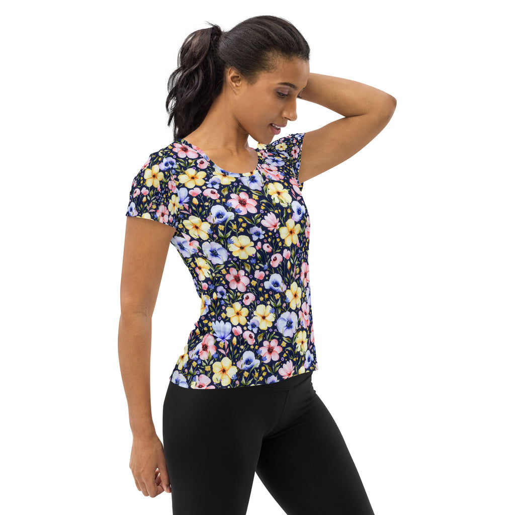 Women’s Navy Wildflower Athletic T-Shirt - Lightweight Moisture Wicking Workout Top With UPF 50+