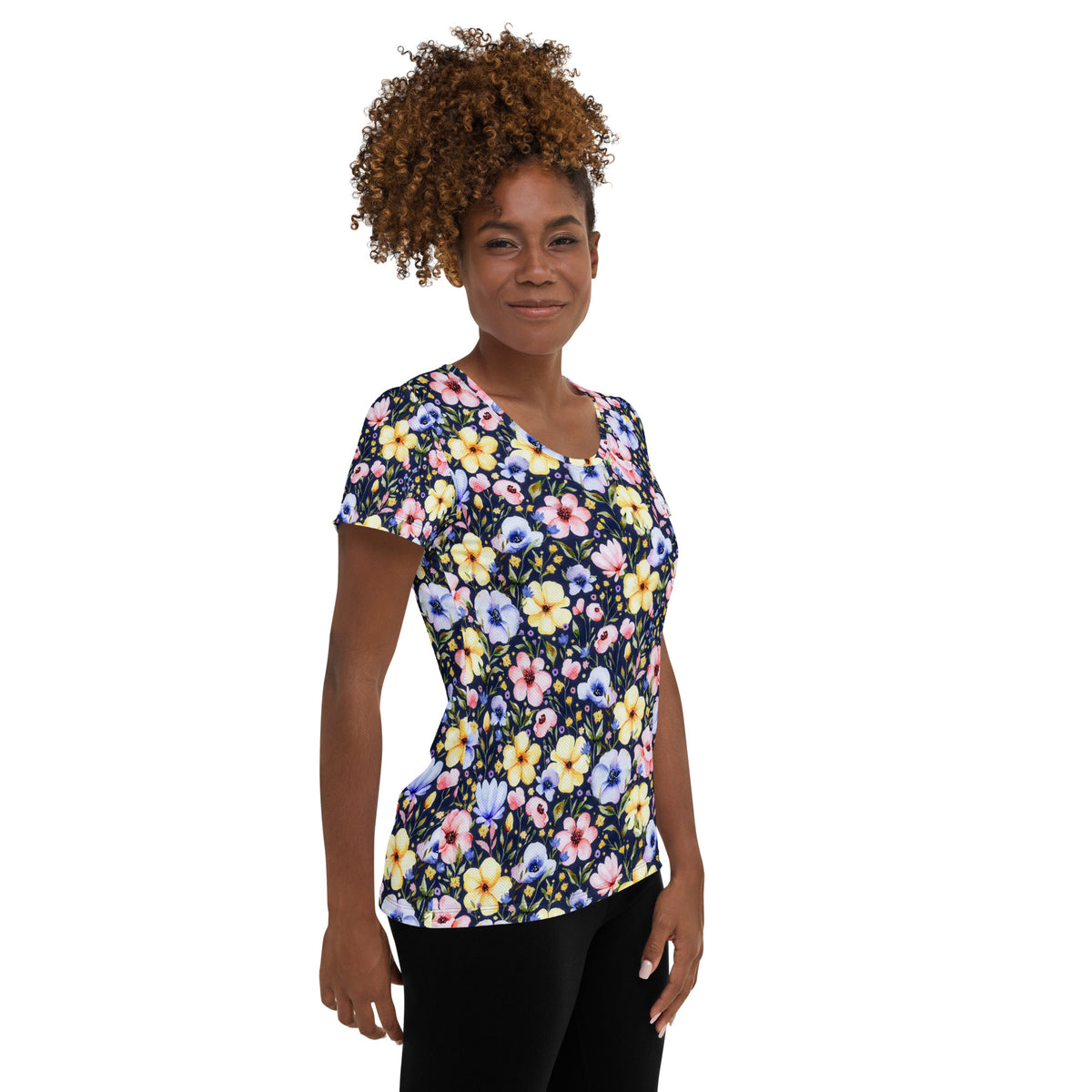 Women’s Navy Wildflower Athletic T-Shirt - Lightweight Moisture Wicking Workout Top With UPF 50+