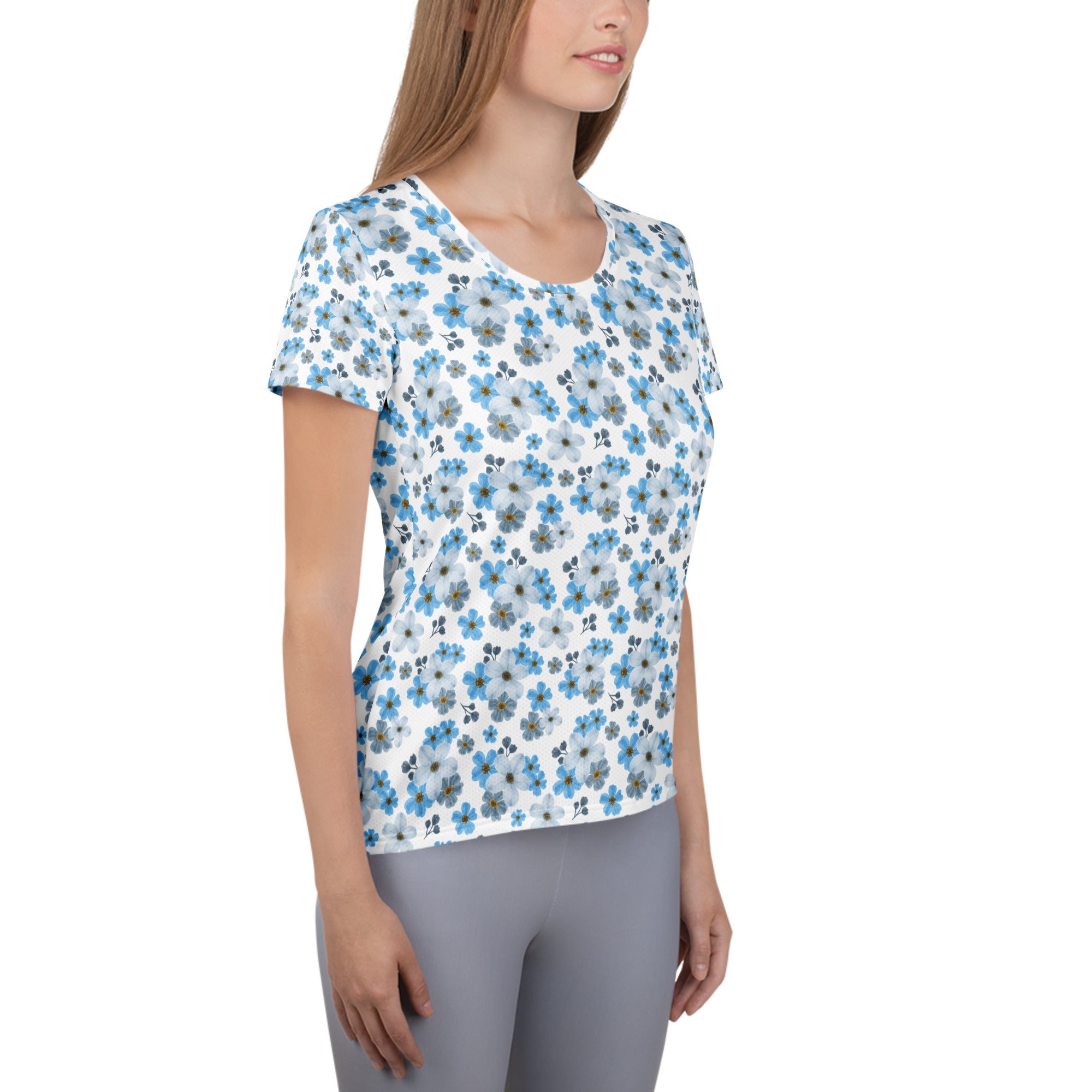 Women’s Watercolor Blue Floral Athletic T-Shirt - Lightweight Moisture Wicking Workout Top With UPF 50+