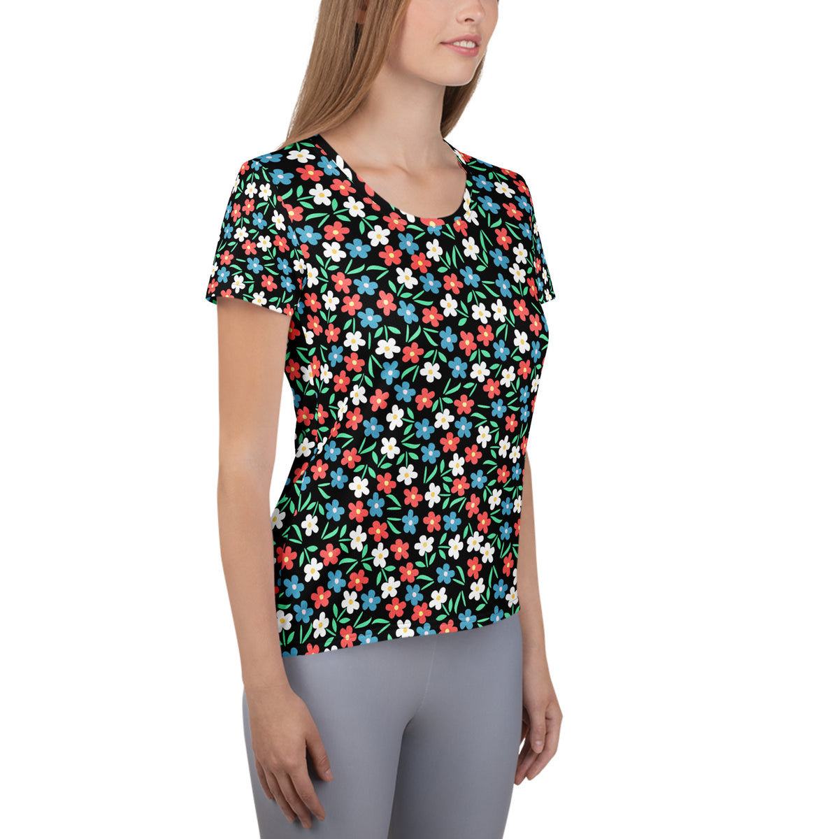 Women’s Colorful Black Wildflower Athletic T-Shirt - Lightweight Moisture Wicking Workout Top With UPF 50+