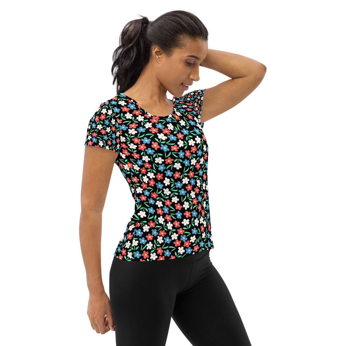 Women’s Colorful Black Wildflower Athletic T-Shirt - Lightweight Moisture Wicking Workout Top With UPF 50+