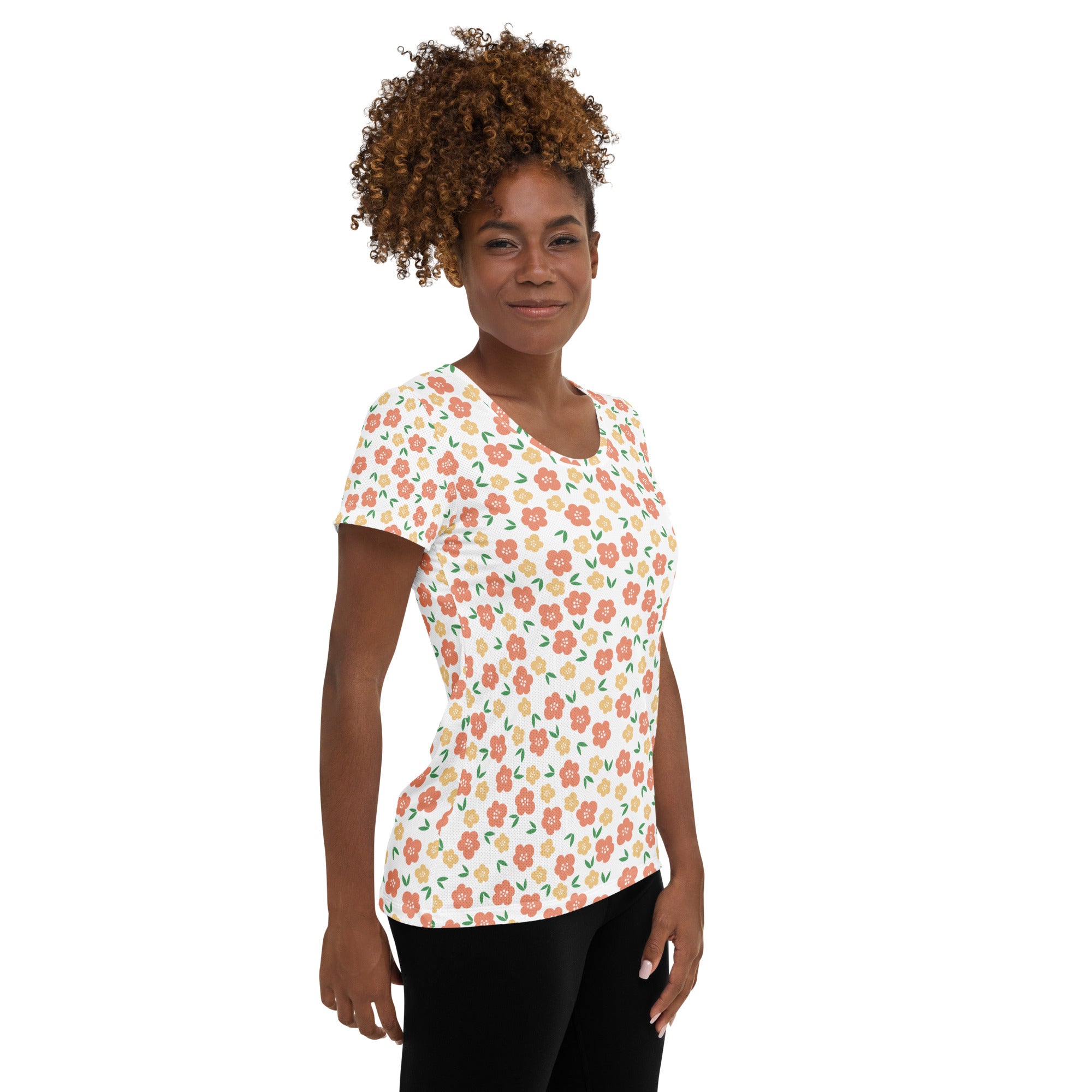 Women’s Peach Floral Athletic T-Shirt - Lightweight Moisture Wicking Workout Top With UPF 50+