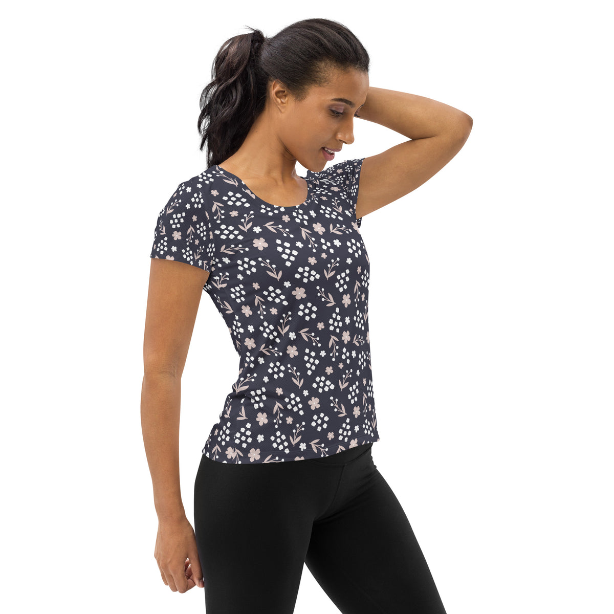 Women’s Charcoal Floral Athletic T-Shirt - Lightweight Moisture Wicking Workout Top With UPF 50+