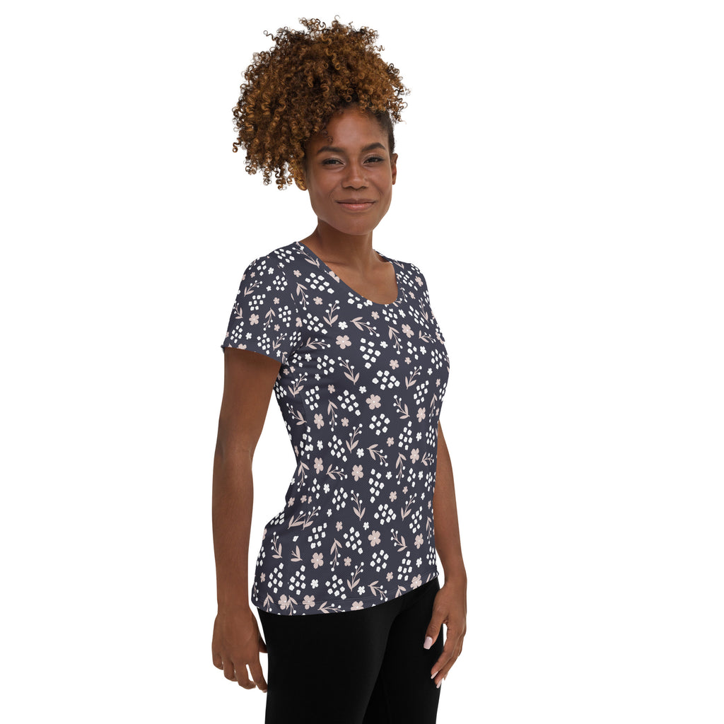 Women’s Charcoal Floral Athletic T-Shirt - Lightweight Moisture Wicking Workout Top With UPF 50+