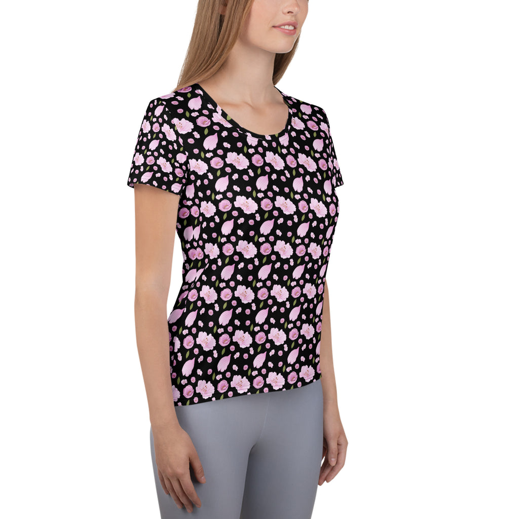 Women’s Black Blossom Athletic T-Shirt - Lightweight Moisture Wicking Workout Top With UPF 50+