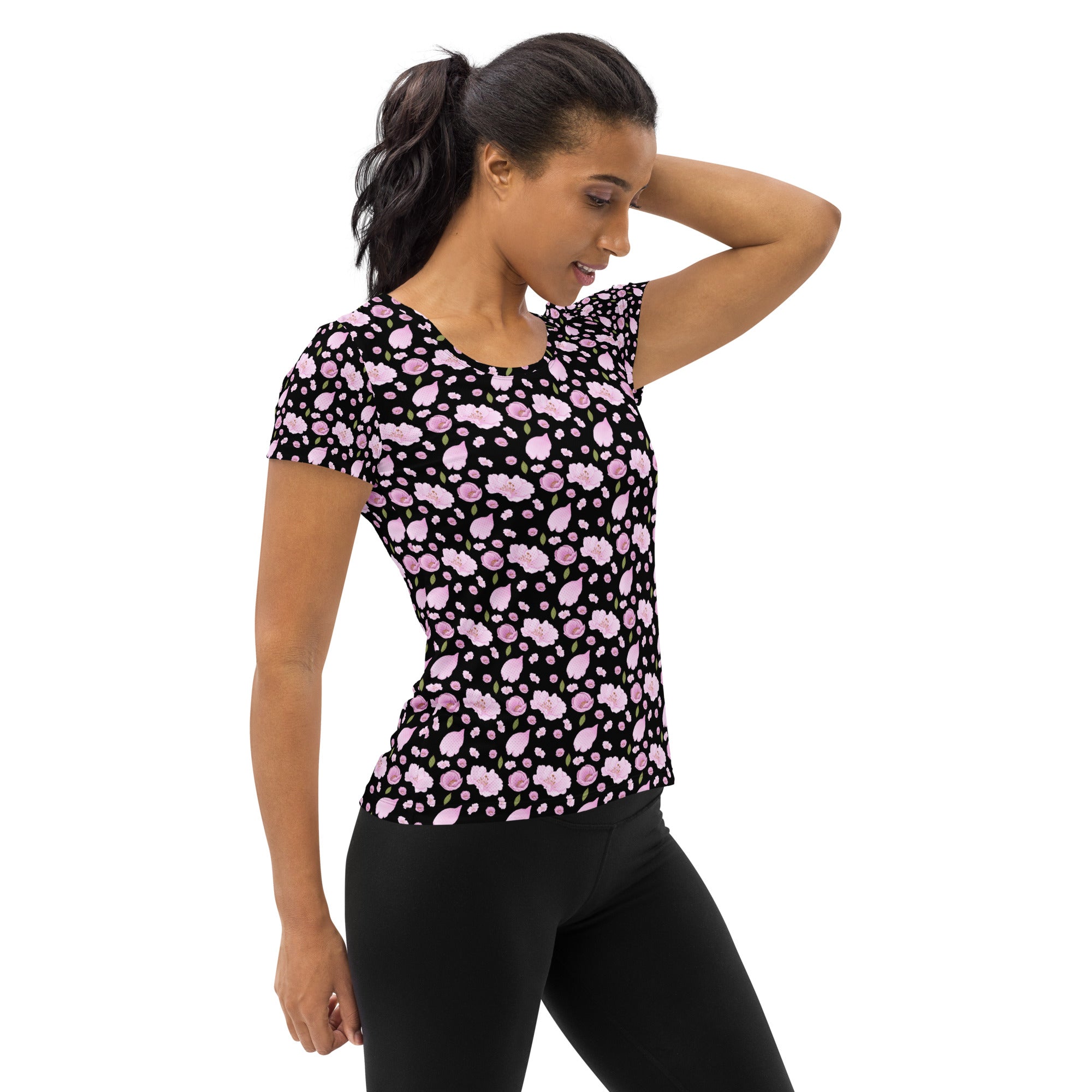 Women’s Black Blossom Athletic T-Shirt - Lightweight Moisture Wicking Workout Top With UPF 50+