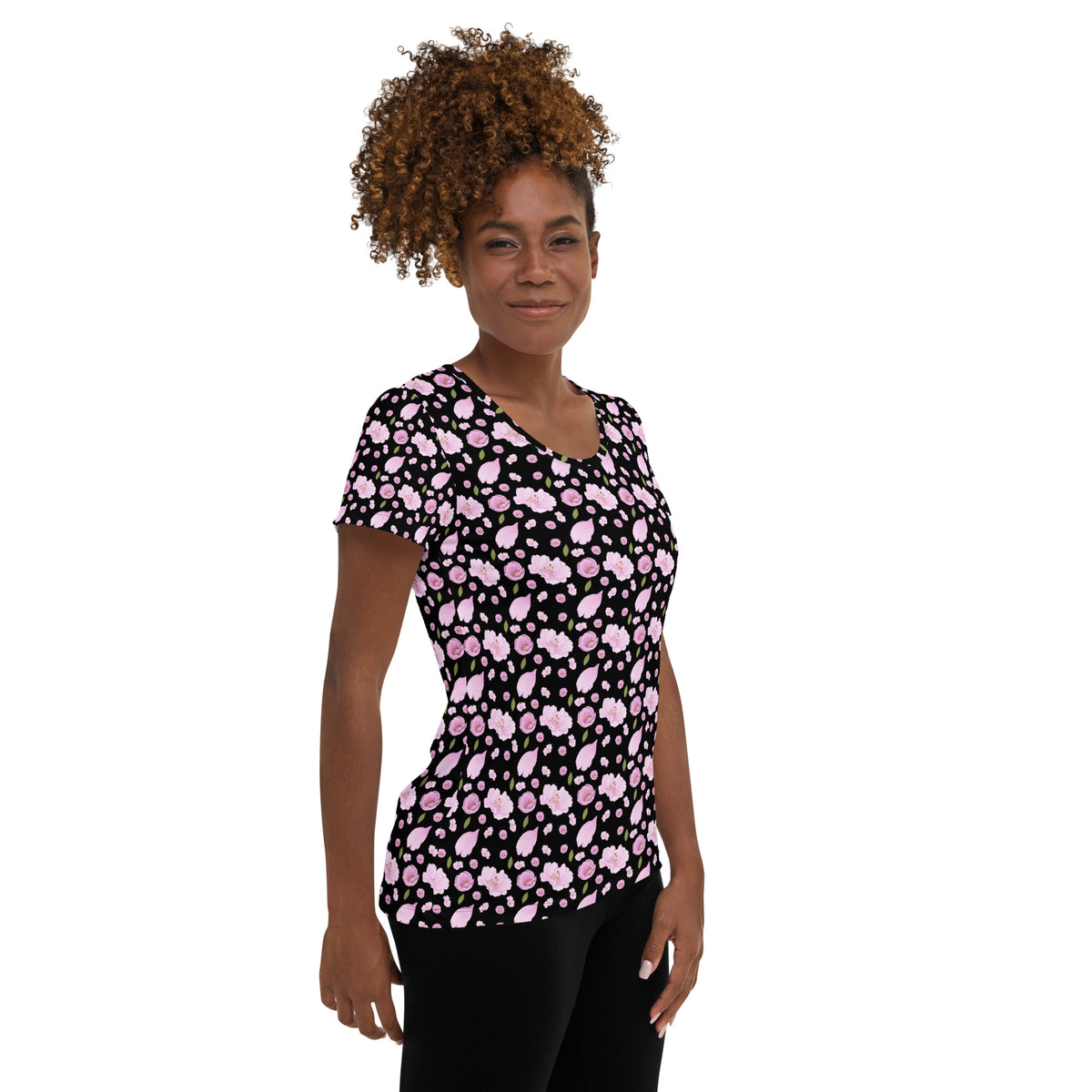 Women’s Black Blossom Athletic T-Shirt - Lightweight Moisture Wicking Workout Top With UPF 50+