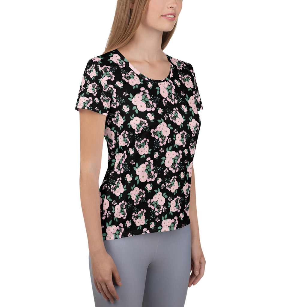 Women’s Pink Rose Floral Athletic T-Shirt - Lightweight Moisture Wicking Workout Top With UPF 50+