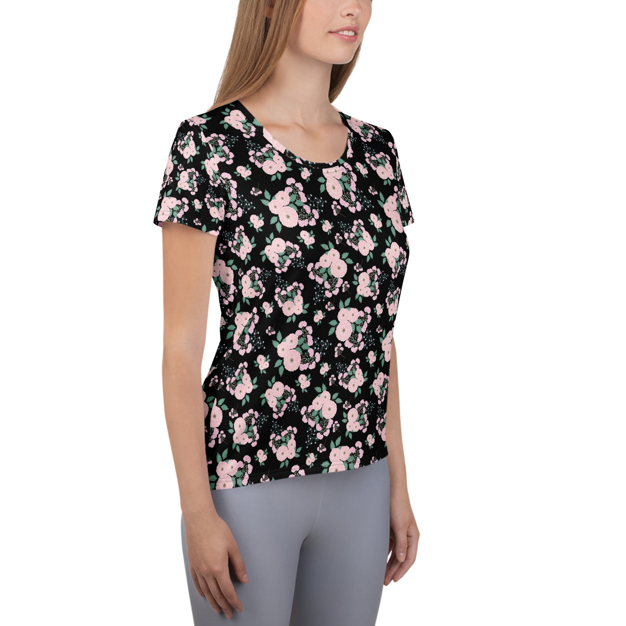 Women’s Pink Rose Floral Athletic T-Shirt - Lightweight Moisture Wicking Workout Top With UPF 50+
