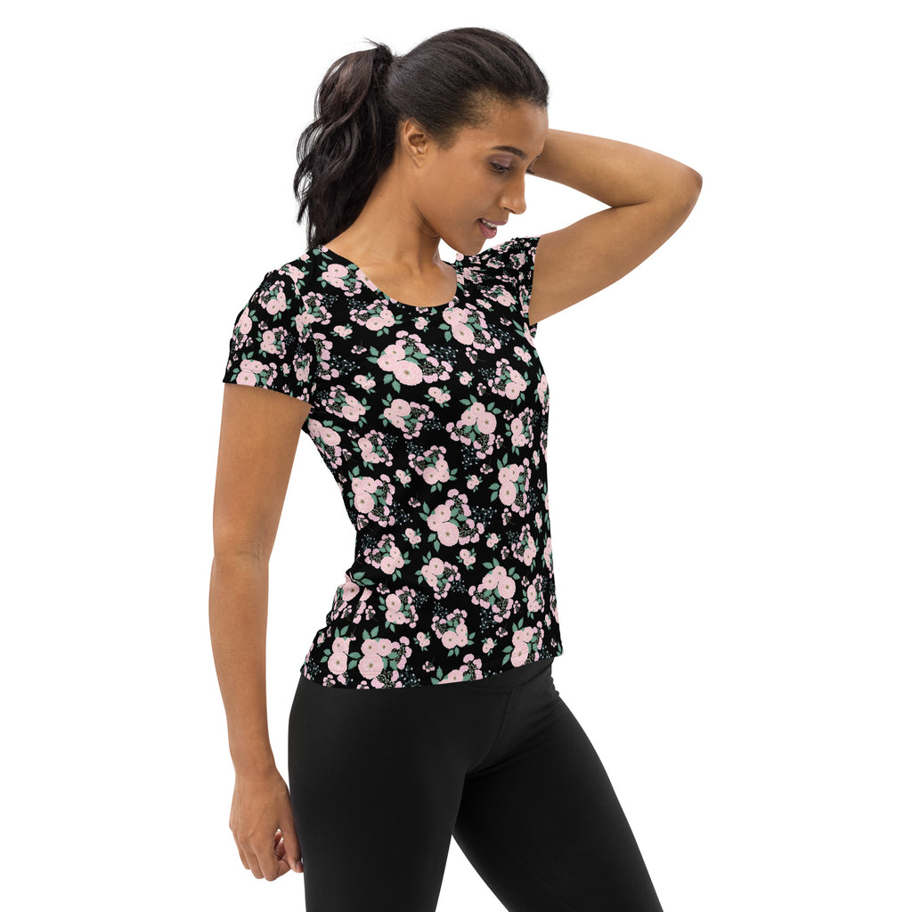 Women’s Pink Rose Floral Athletic T-Shirt - Lightweight Moisture Wicking Workout Top With UPF 50+