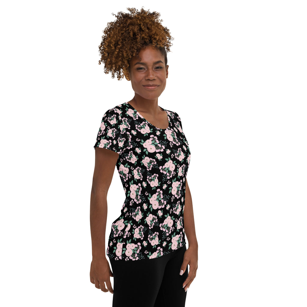 Women’s Pink Rose Floral Athletic T-Shirt - Lightweight Moisture Wicking Workout Top With UPF 50+