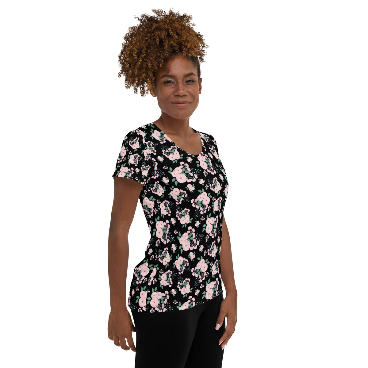 Women’s Pink Rose Floral Athletic T-Shirt - Lightweight Moisture Wicking Workout Top With UPF 50+