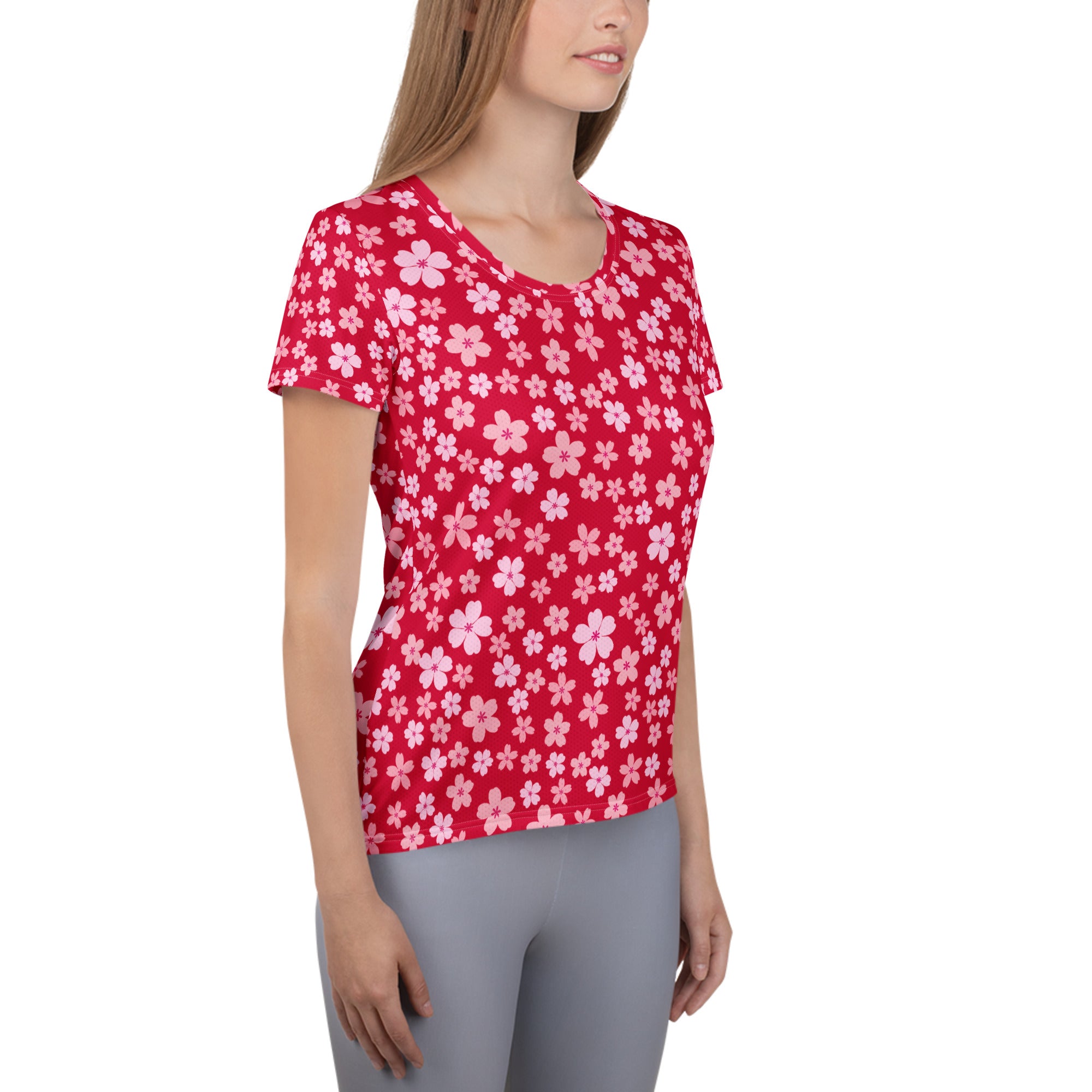 Women’s Rose Red Floral Athletic T-Shirt - Lightweight Moisture Wicking Workout Top With UPF 50+