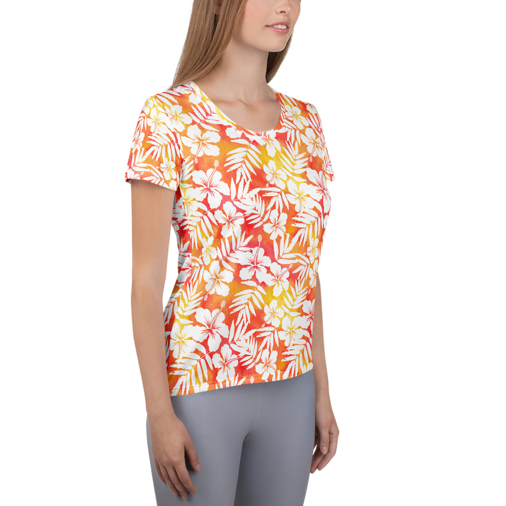 Women’s Tropical Hibiscus Athletic T-Shirt - Lightweight Moisture Wicking Workout Top With UPF 50+