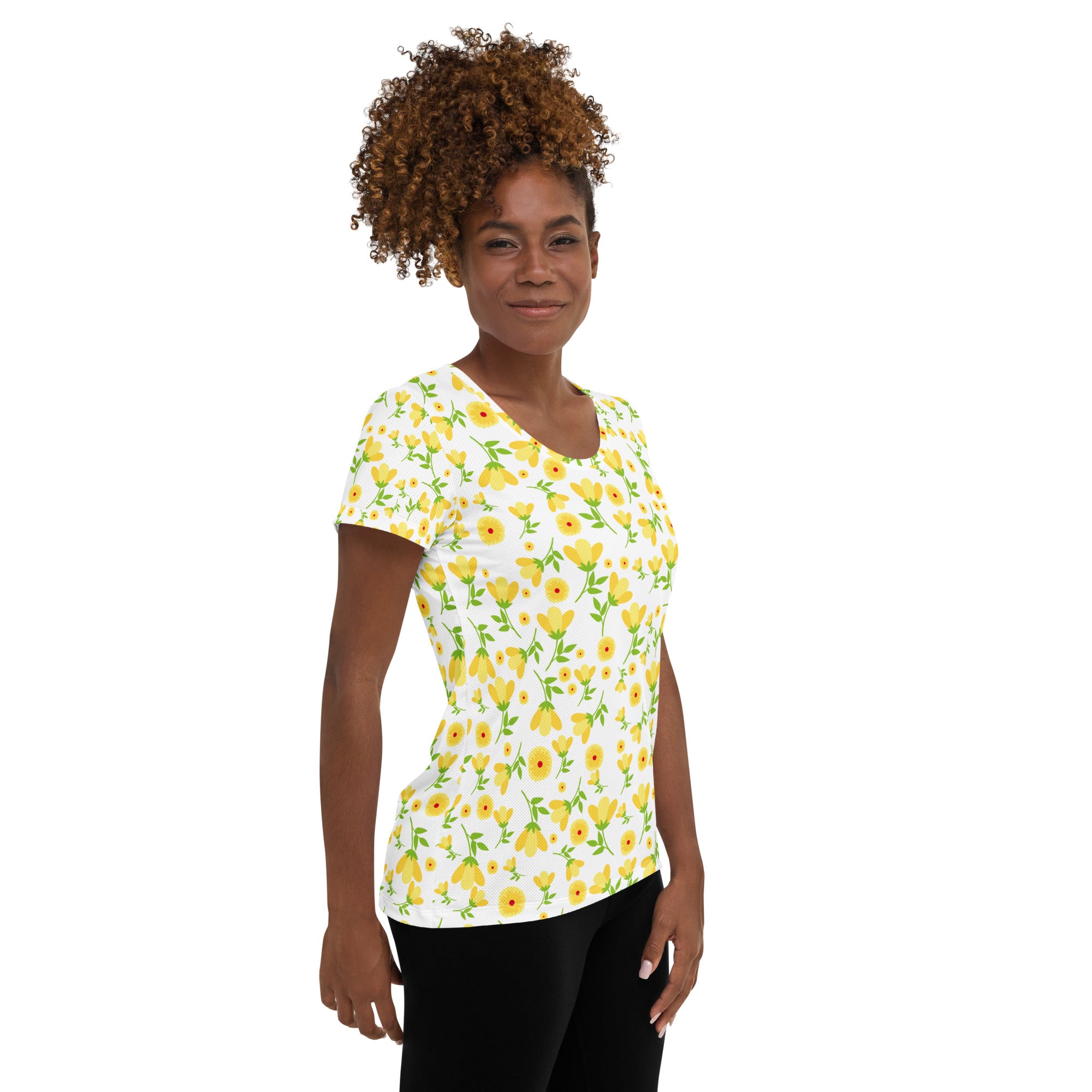 Women’s Yellow Wildflower Athletic T-Shirt - Lightweight Moisture Wicking Workout Top With UPF 50+