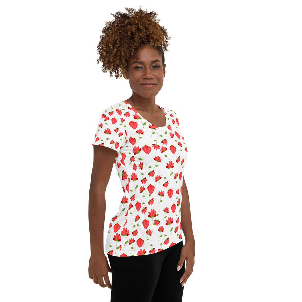 Women’s Red Wildflower Athletic T-Shirt - Lightweight Moisture Wicking Workout Top With UPF 50+