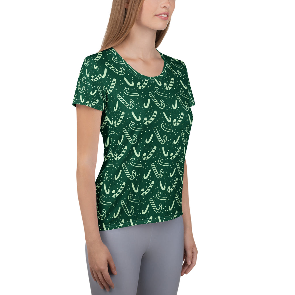 Women’s Grreen Candy Cane Athletic T-Shirt - Lightweight Moisture Wicking Workout Top With UPF 50+