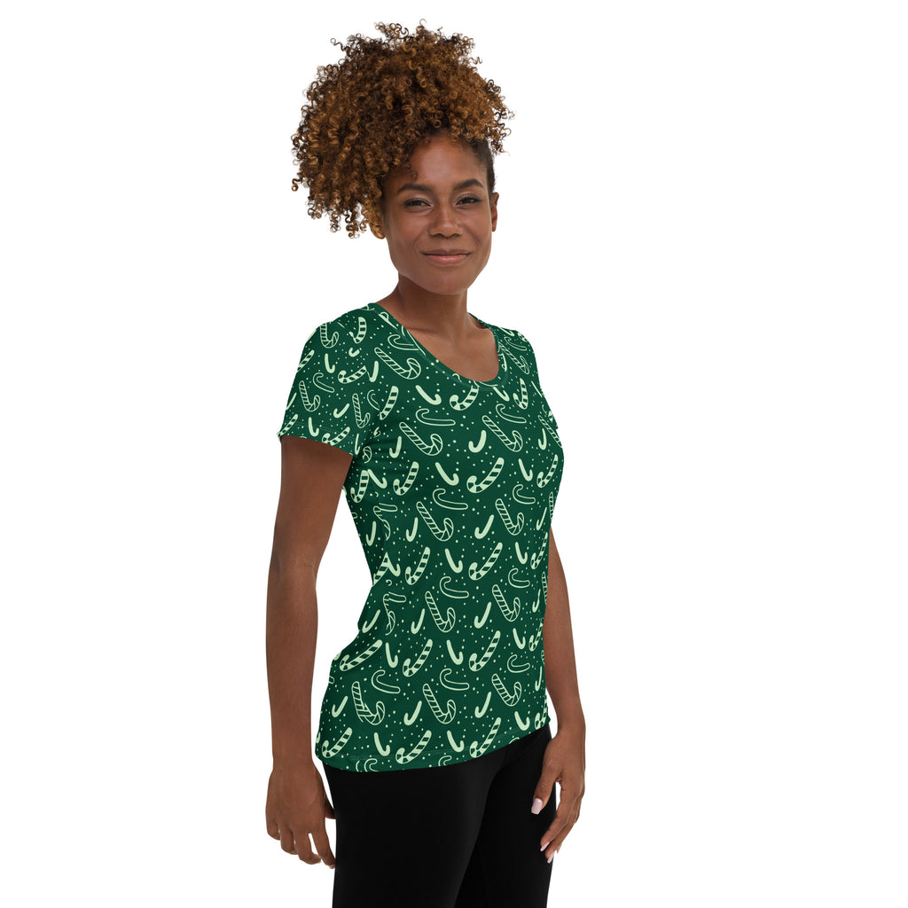 Women’s Grreen Candy Cane Athletic T-Shirt - Lightweight Moisture Wicking Workout Top With UPF 50+