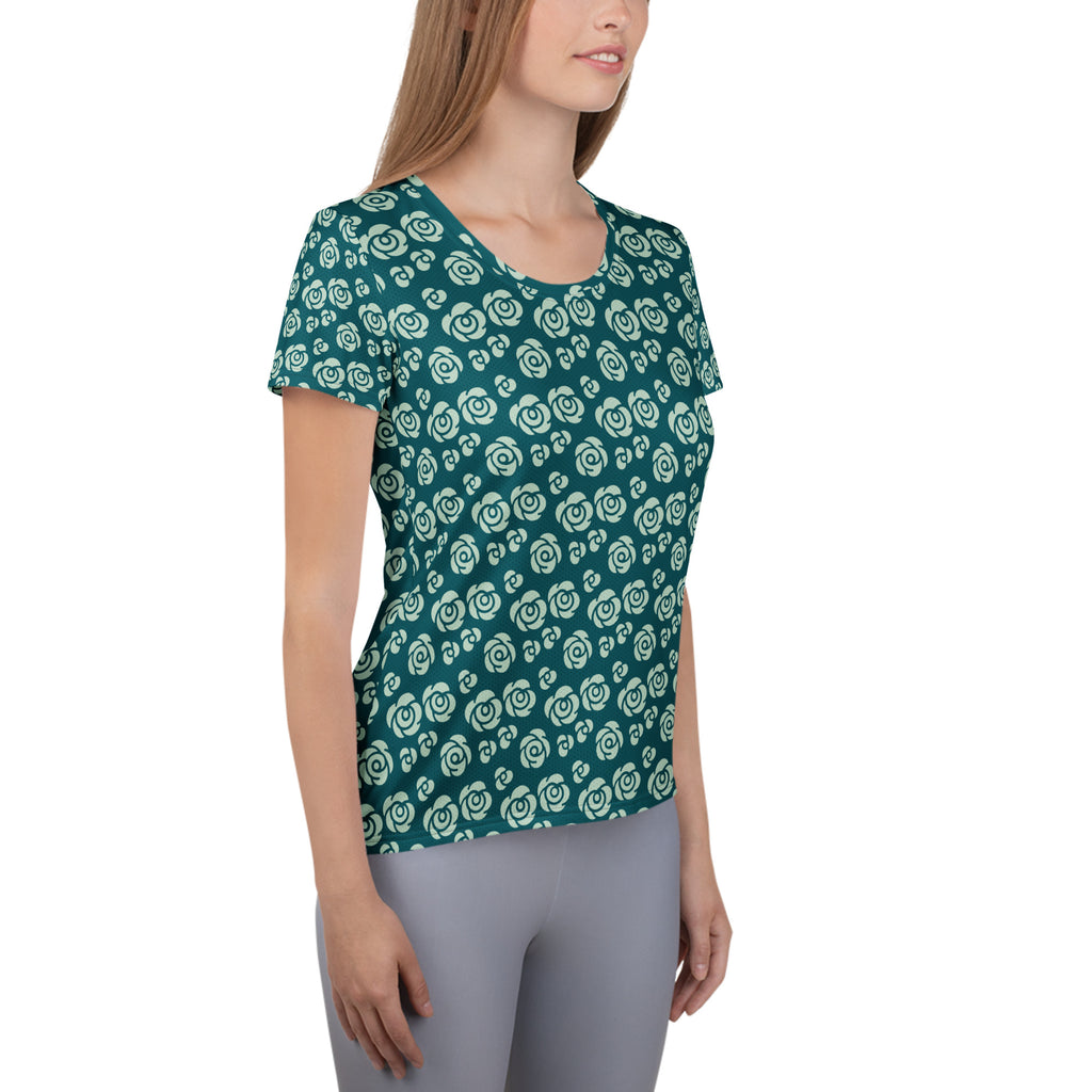 Women’s Teal Rose Athletic T-Shirt - Lightweight Moisture Wicking Workout Top With UPF 50+