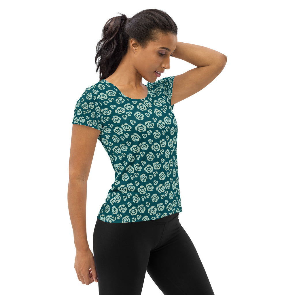 Women’s Teal Rose Athletic T-Shirt - Lightweight Moisture Wicking Workout Top With UPF 50+