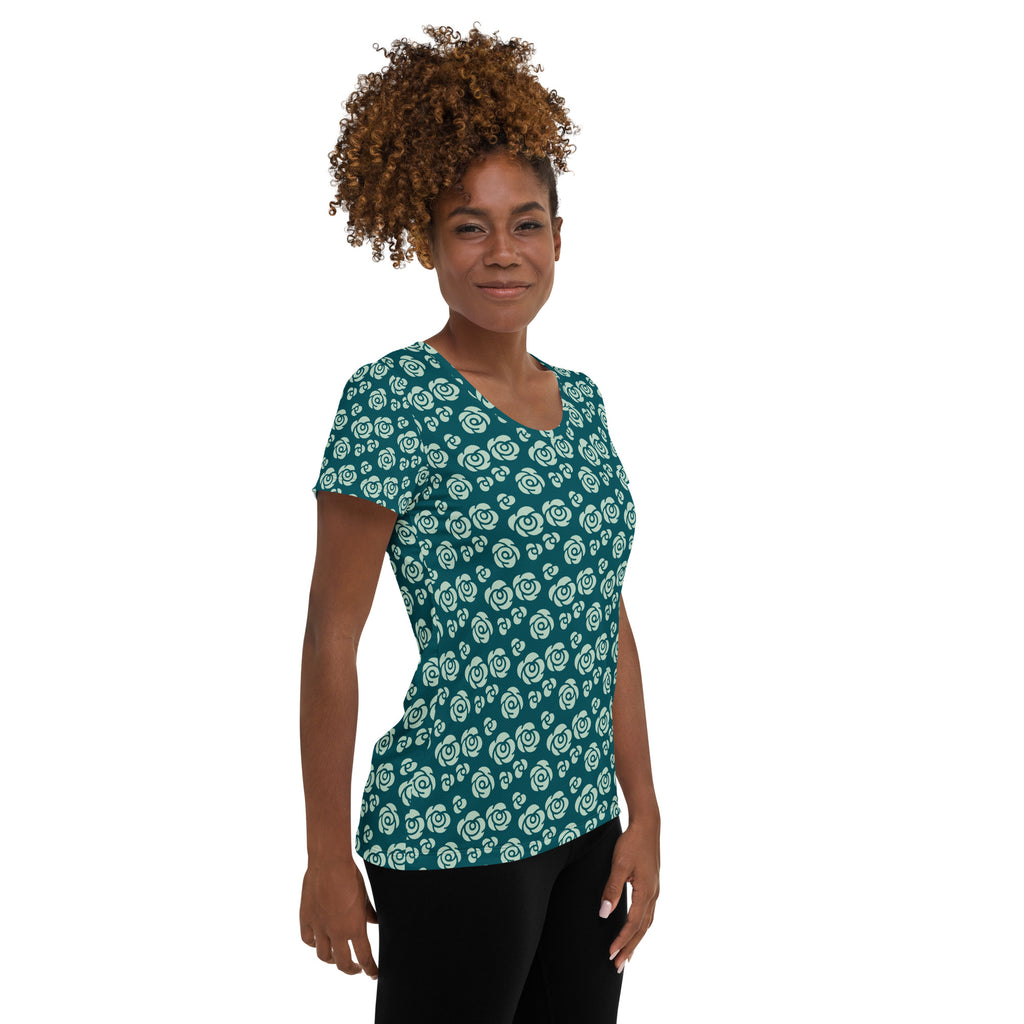 Women’s Teal Rose Athletic T-Shirt - Lightweight Moisture Wicking Workout Top With UPF 50+