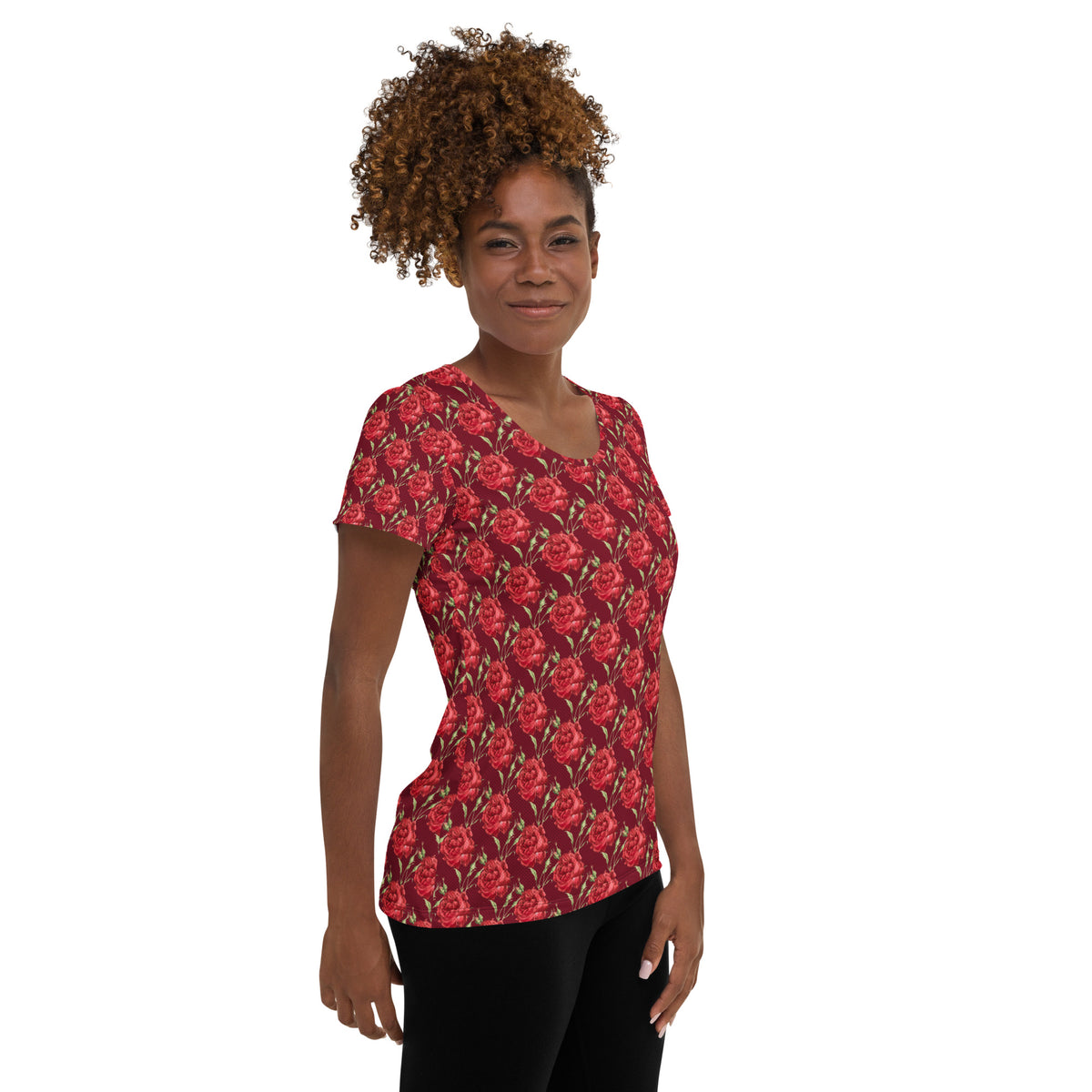 Women’s Red Rose Athletic T-Shirt - Lightweight Moisture Wicking Workout Top With UPF 50+