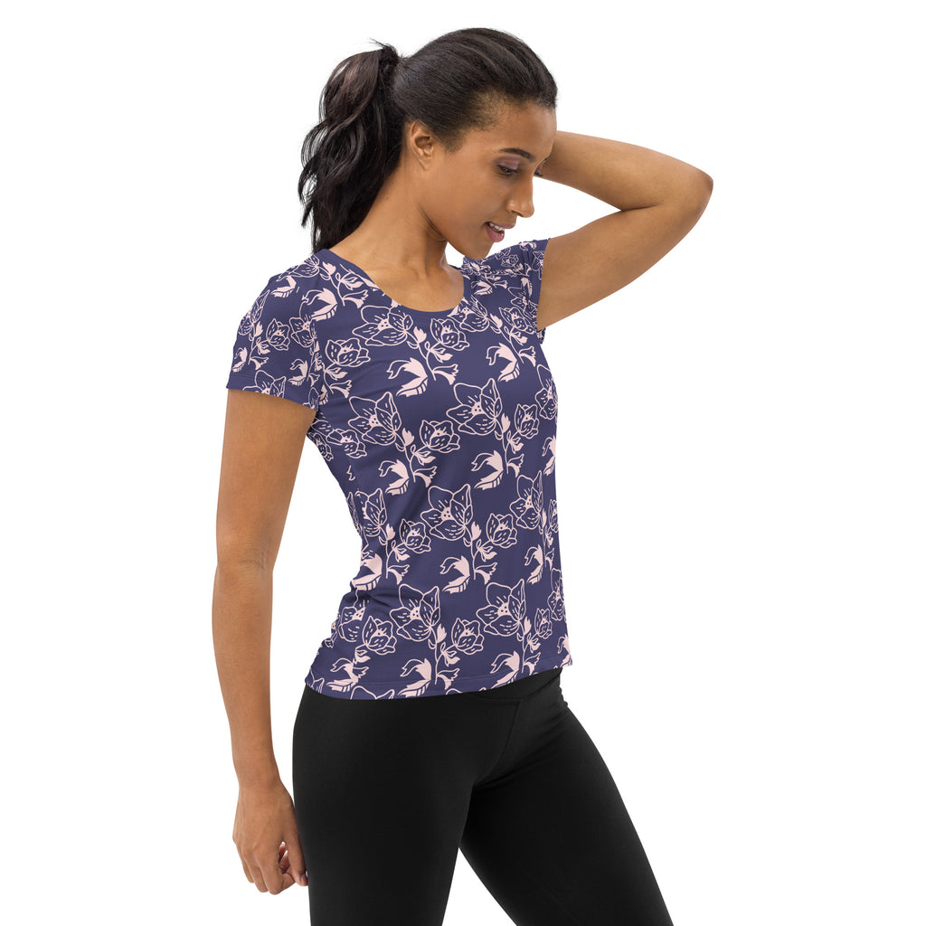 Women’s Dark Purple Floral Athletic T-Shirt - Lightweight Moisture Wicking Workout Top With UPF 50+