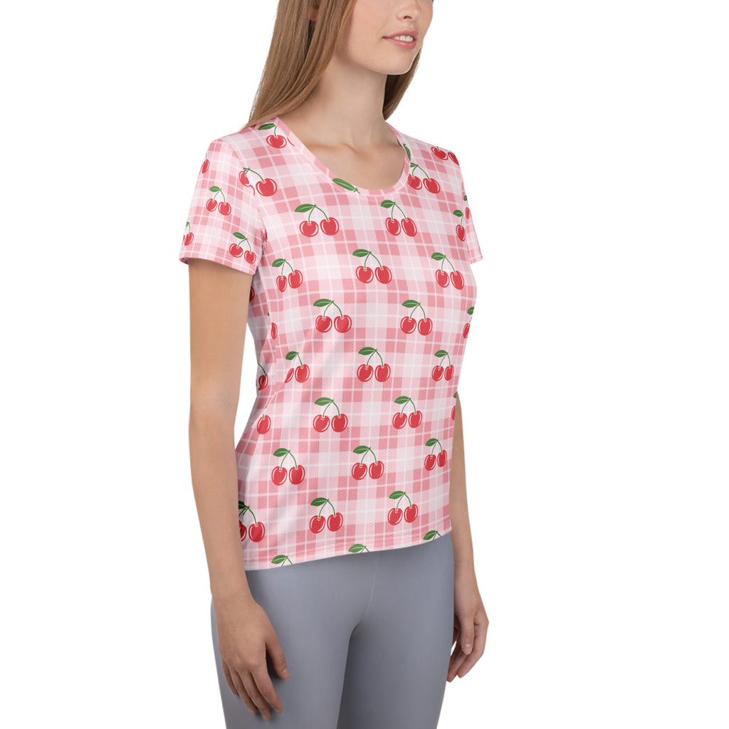 Women’s Pink Cherry Gingham Athletic T-Shirt - Lightweight Moisture Wicking Workout Top With UPF 50+