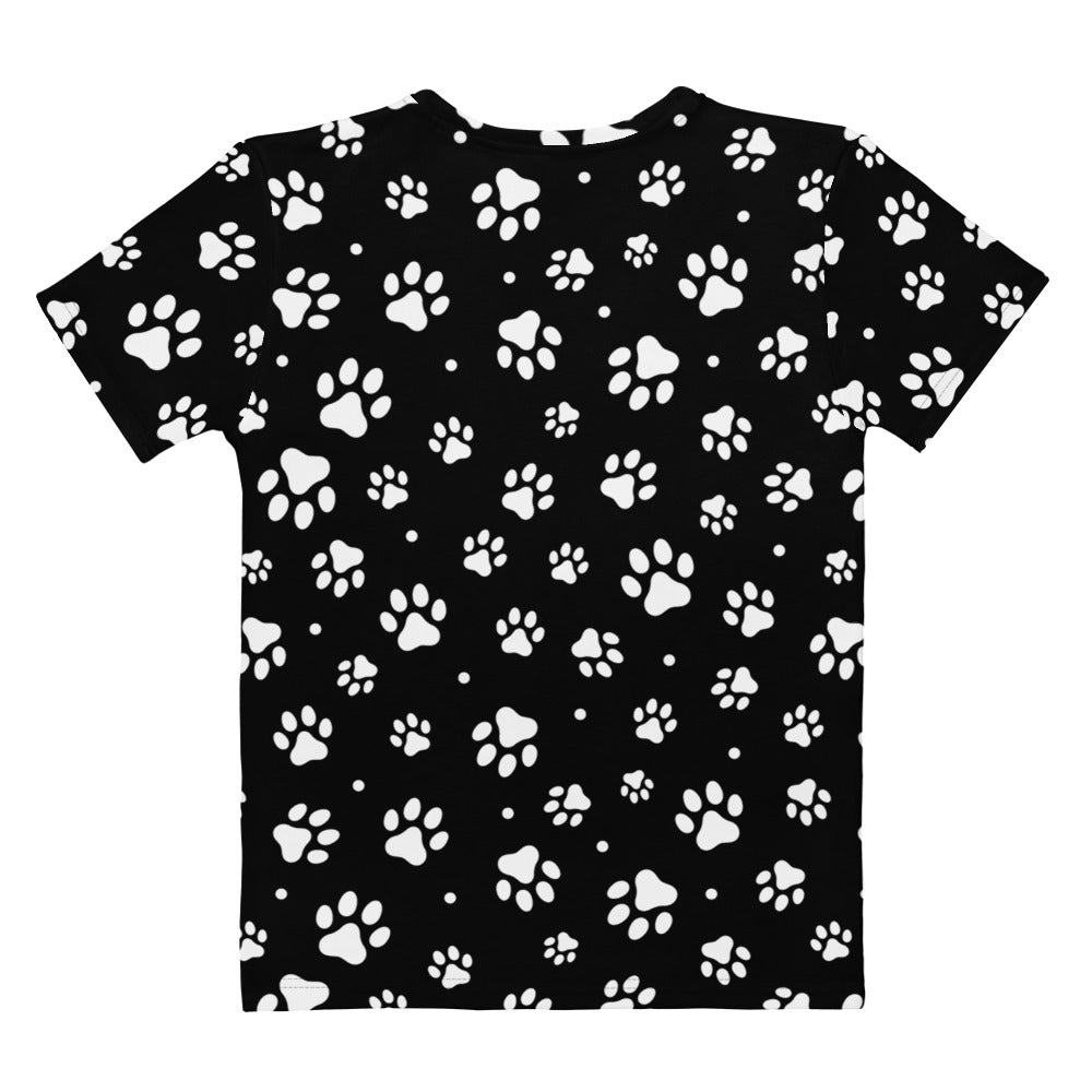 Women’s black cotton t-shirt with white paw print pattern soft stretch pilling resistant short sleeves