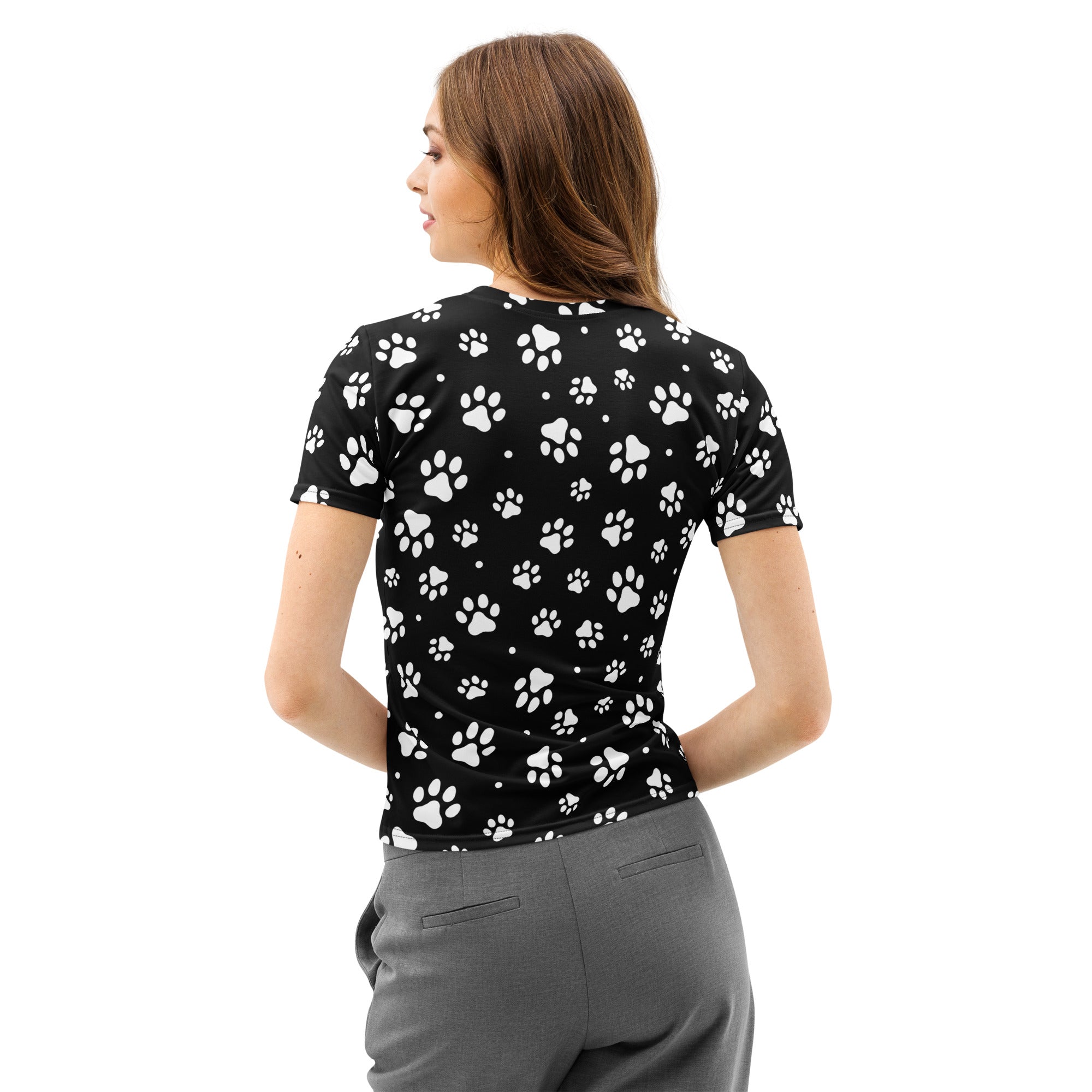 Women’s black short-sleeved cotton t-shirt with white paw print pattern soft stretch pilling resistant tee