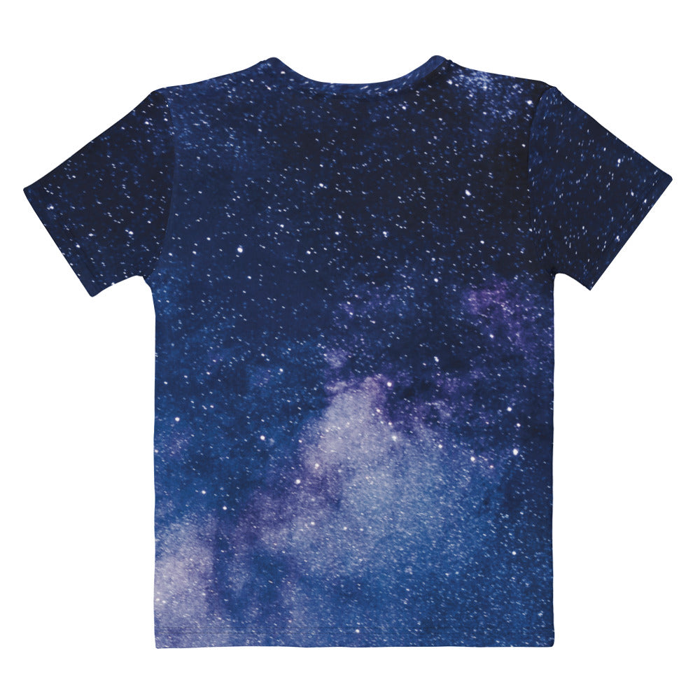 Women’s navy blue cotton galaxy t-shirt with purple white and deep blue stars and nebulae print soft stretch pilling resistant