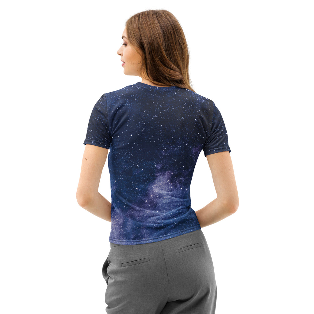 A navy blue short-sleeved cotton t-shirt with a realistic galaxy print featuring stars and nebulae for women