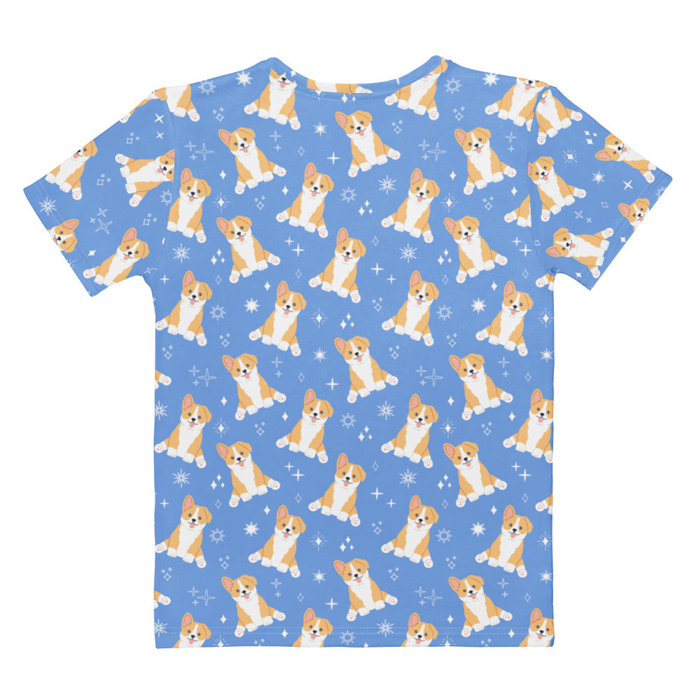 Women’s blue cotton t-shirt with soft stretch featuring tan and white cartoon corgi dogs and star-like sparkles pattern