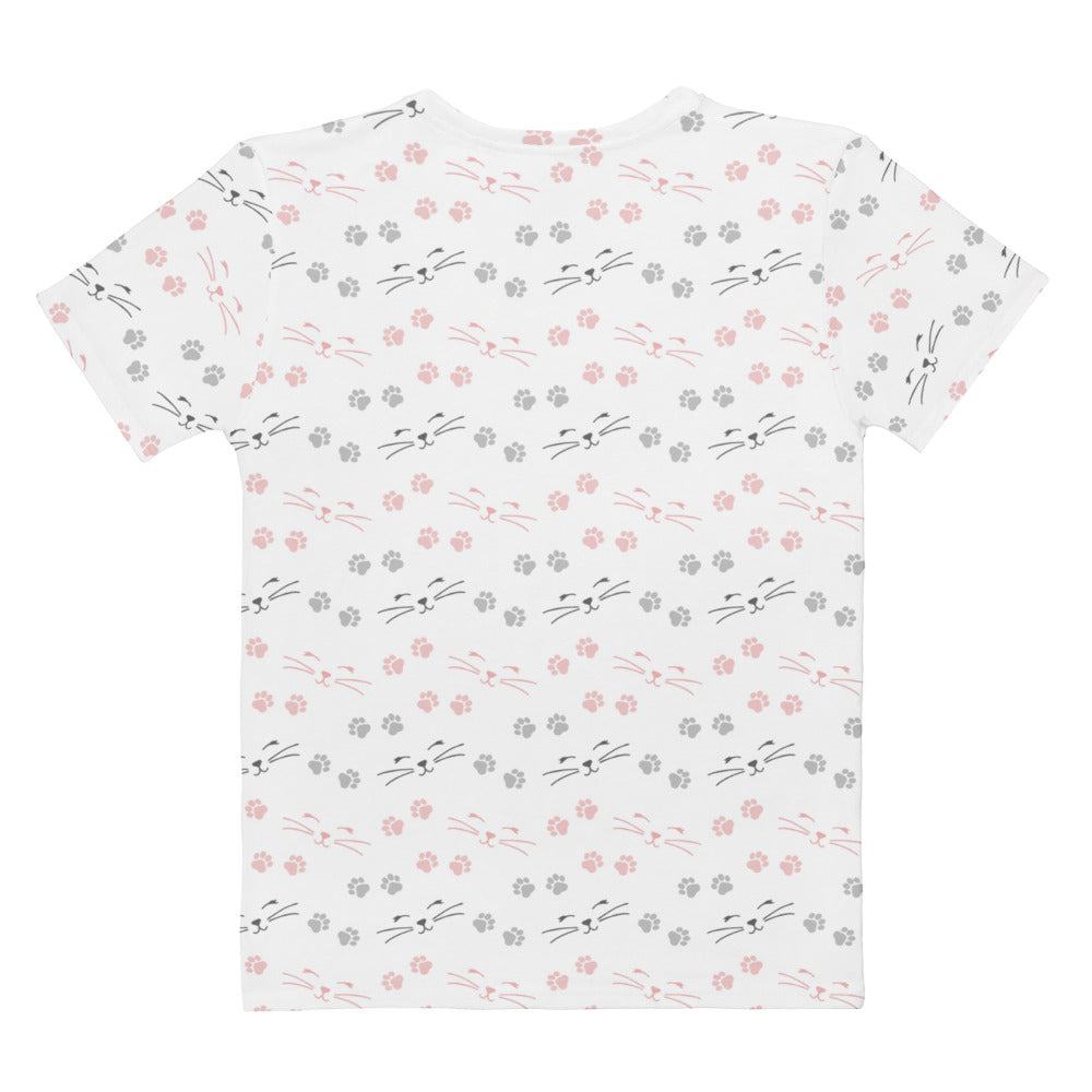 White women’s cotton t-shirt with short sleeves featuring pink and gray cat faces and paw prints pattern