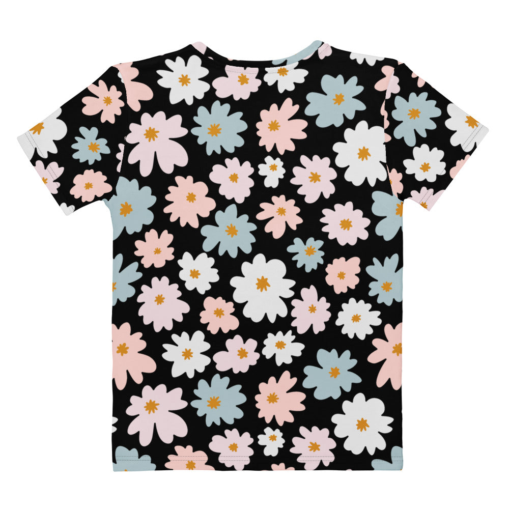 Women’s retro floral cotton t-shirt in black with pastel pink white and blue flowers soft stretch pilling resistant tee